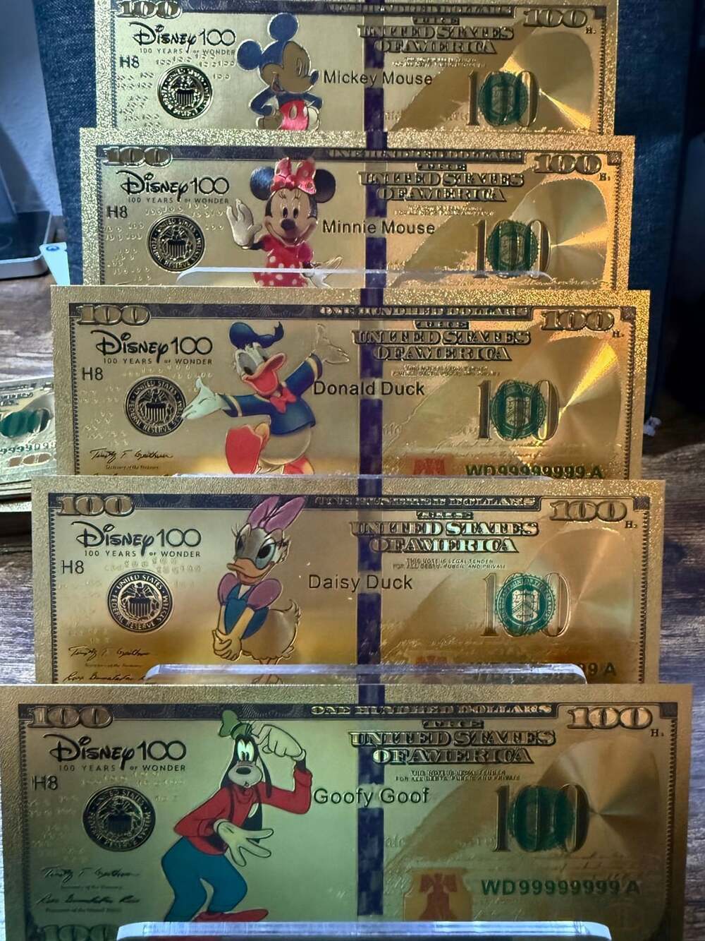 Disney D100 Mickey Minnie Donald Daisy Goofy Fab 5 Gold Foil Bill Set of 5